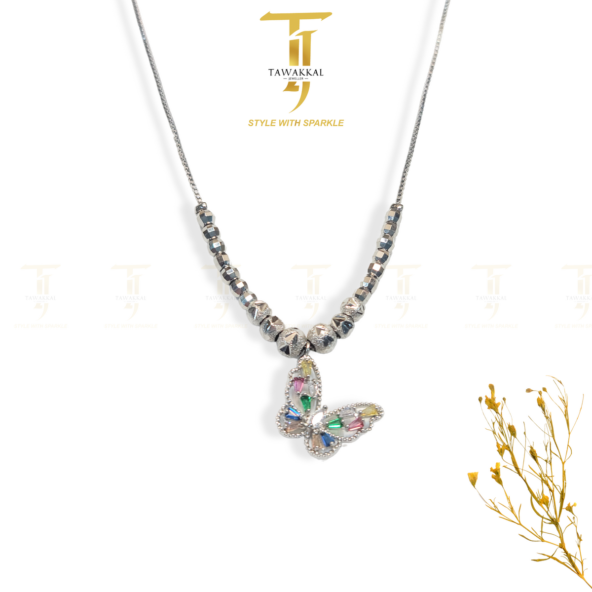 Italian Multi Stone Butterfly Pendant with Silver Balls - Tawakkal Jewellers